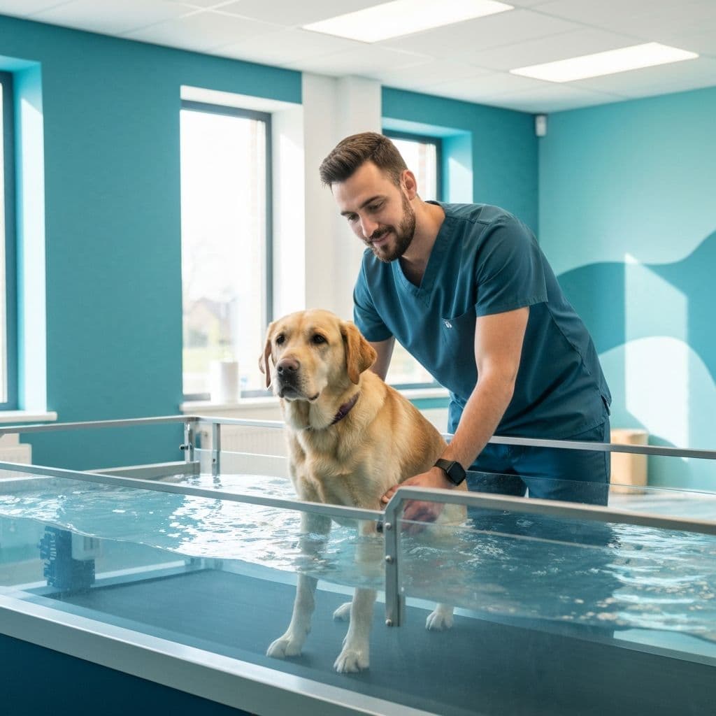 Tierphysiotherapeut arbeitet mit einem Hund auf dem Unterwasserlaufband